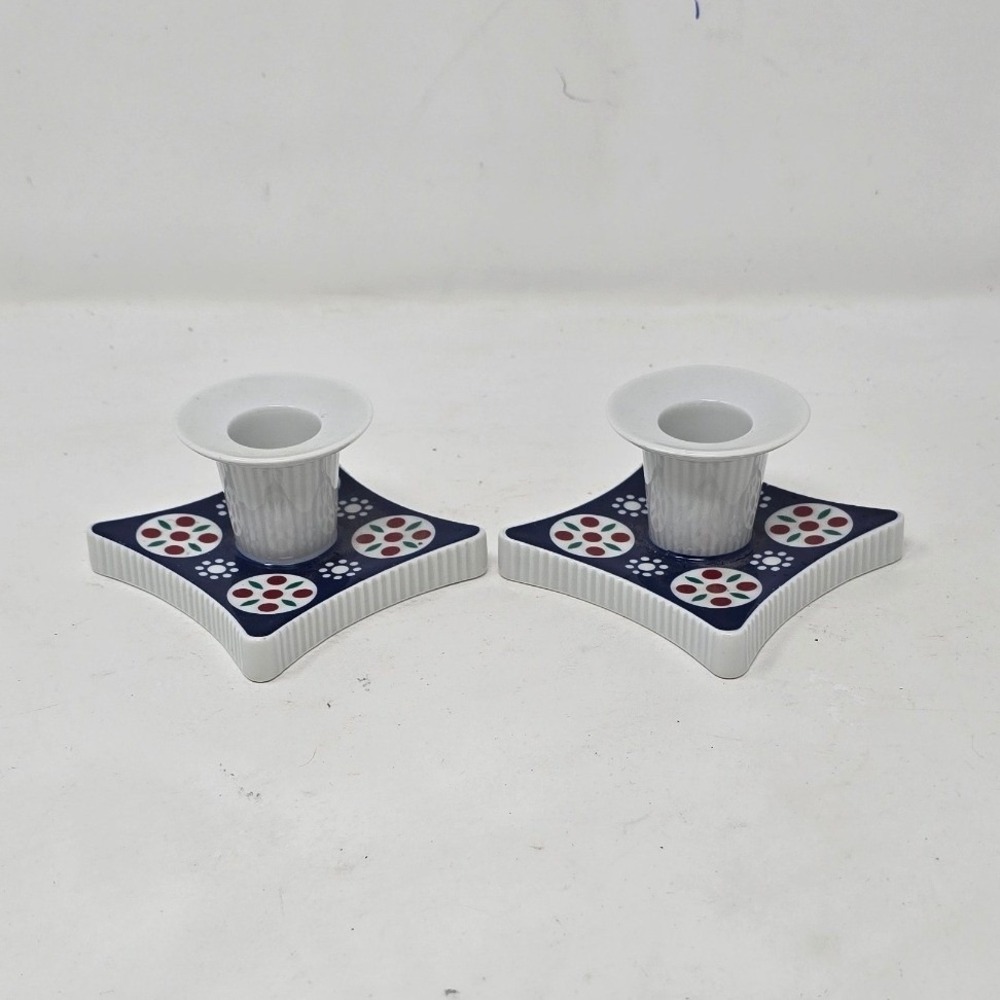 Vtg Schirnding Bavaria MCM German porcelain set of‎ 2 candle holders blue white